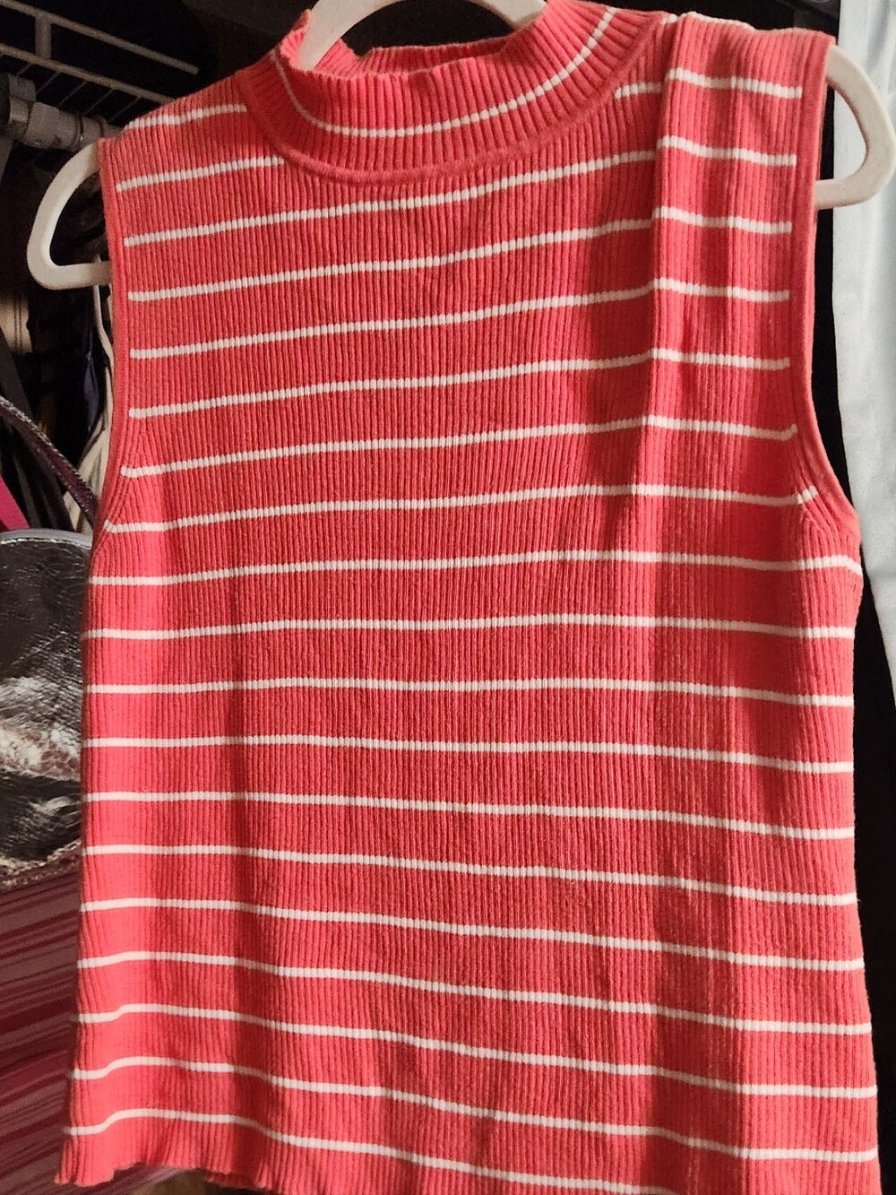 Coral Pink Striped Ribbed Tank Top